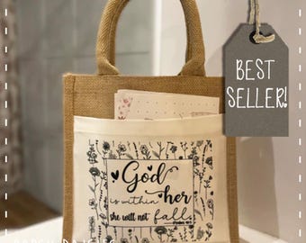 Bolsa de juta para Bíblia/Livro - Deus está dentro dela - Presentes cristãos, Presentes religiosos, Bolsa para Bíblia, Bolsa para lanche, Versículo bíblico, Salmos 46, Bolsa de tecido