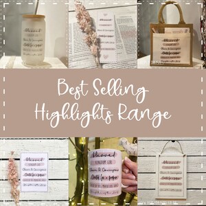 Pode incluir: Uma cole&ccedil;&atilde;o de itens mais vendidos com a frase "Blessed Kingdom Girl" em letras cor-de-rosa em uma variedade de produtos, incluindo um frasco de vidro, uma bolsa de compras, um marcador de p&aacute;gina, uma caneca e uma placa de madeira. Os produtos s&atilde;o exibidos em um fundo branco.