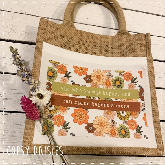 Bible / Book Jute Bag - She Who Kneels - Scripture Word, Christian Gifts, Religious Gifts, Bible Bag, Lunch Bag, Tote, Bible Verse