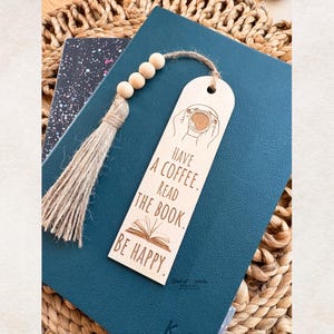 Engraved Wood Bookmark: Coffee, Books & Happiness