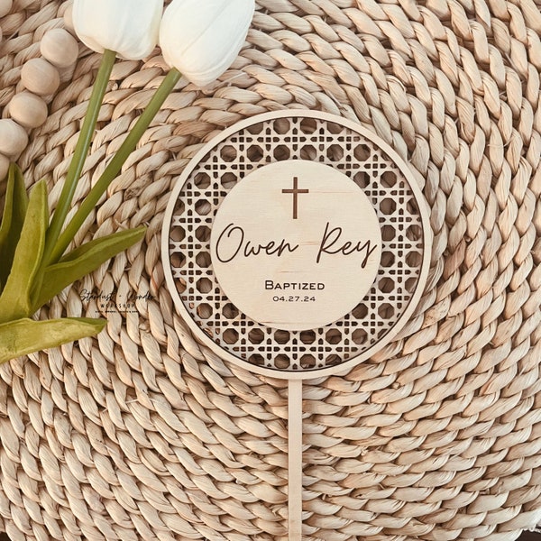 Round Rattan Cake Topper | Personalized Baptism Cake Topper | First Communion Cake Topper | Christening Cake Topper | Baptism Cake Topper