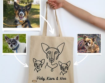 Custom pet lineart embroidered cotton tote bag | dog and cat lineart embroidery | personalized shopping bag