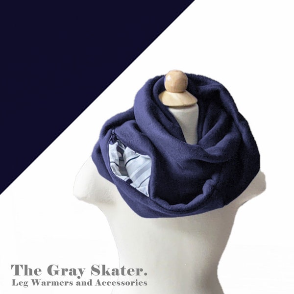 Navy Fleece Pocket Scarf - Hidden Pocket Scarf - Hidden Phone Pocket - Navy Infinity Scarf - Gift Under 30