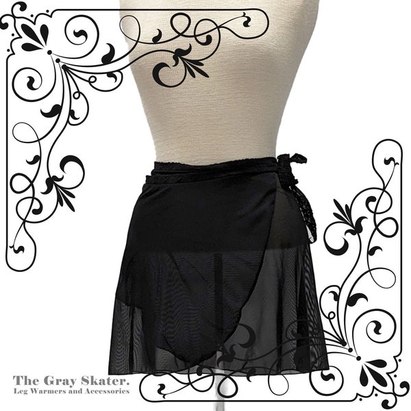 A-Line Wrap Skirt, Black Figure Skating Skirt, Freestyle Length, Ballet Skirt