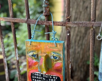 Quirky Garden Art Girl on Wood Upcycled Mixed Media Character