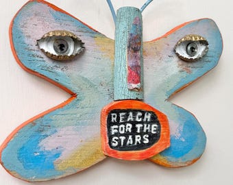Butterfly Art on Salvaged Wood Upcycled Reach for the Stars