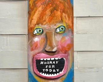 Quirky Art Girl on Wood Upcycled Mixed Media Character