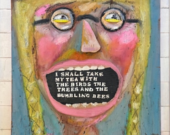 Quirky Art Girl on Wood Upcycled Mixed Media Character