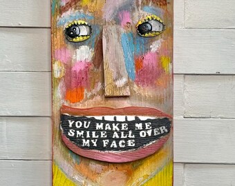 Quirky Art on Wood Upcycled Mixed Media Character