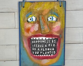 Quirky Garden Art Girl on Wood Upcycled Mixed Media Character