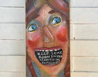 Quirky Girl Art on Wood Upcycled Mixed Media Character