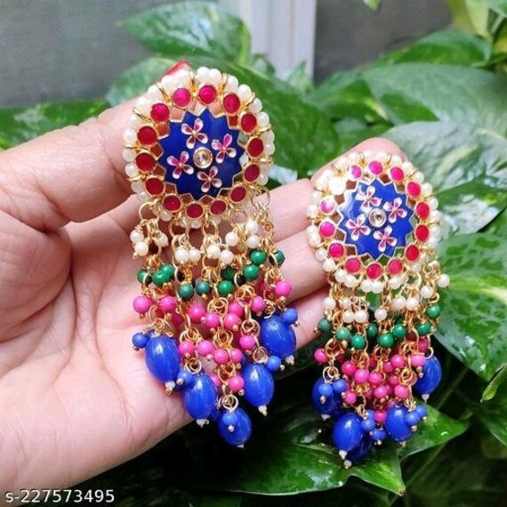 Kundan Jhumka indian Jhumka Earrings colourful Jewelry long Heavy