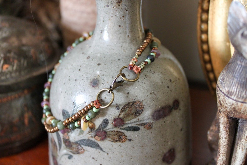 bohoo jewelry Two-row anklet with olive green Taiwan jade and Japanese magatama beads