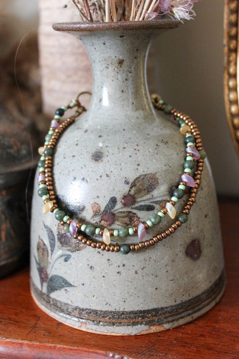 bohoo jewelry Two-row anklet with olive green Taiwan jade and Japanese magatama beads