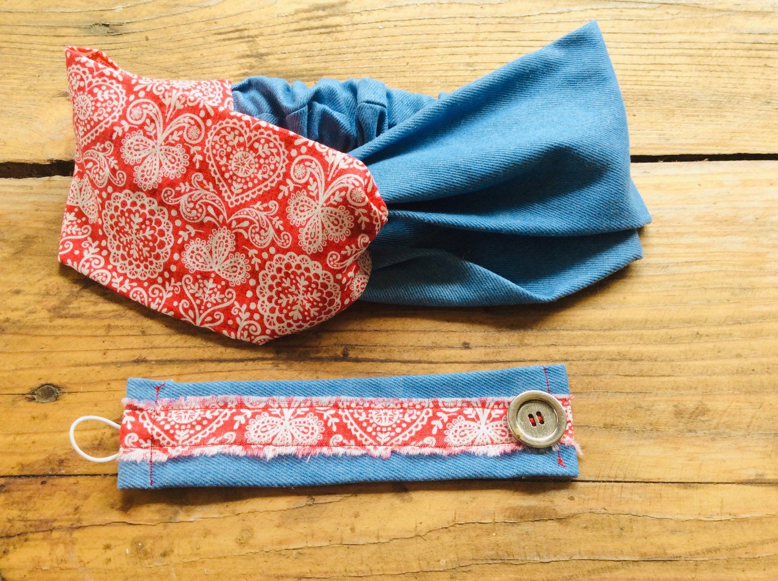 Bandeau style bandanas rouge et jean. Chuuut C'est que Etsy