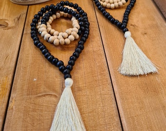 Wood Beaded Black And White Tassel NecklaceMala Necklace, Mala Tassel Necklace, Wooden bead Tassel, Wood Bead Necklace