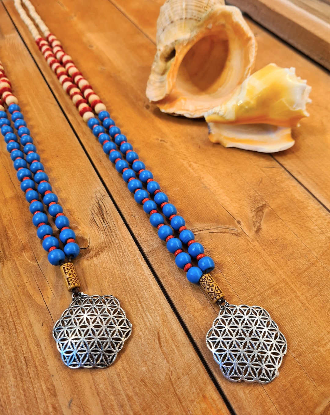 Wood Beaded Sixpetal Flower Mala Necklace Flower of Life Etsy