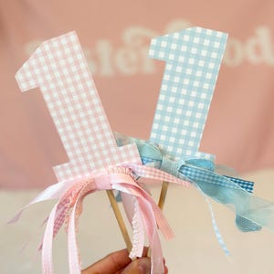 Gingham First Birthday Cake Topper: Pink or Blue Party Decor