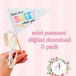 May include: A triangular paper pennant on a wooden stick featuring blue horizontal lines, a yellow pencil illustration, and the text "here's to a SWEET school year!" with colorful stars and decorative fabric ribbons tied at the base.