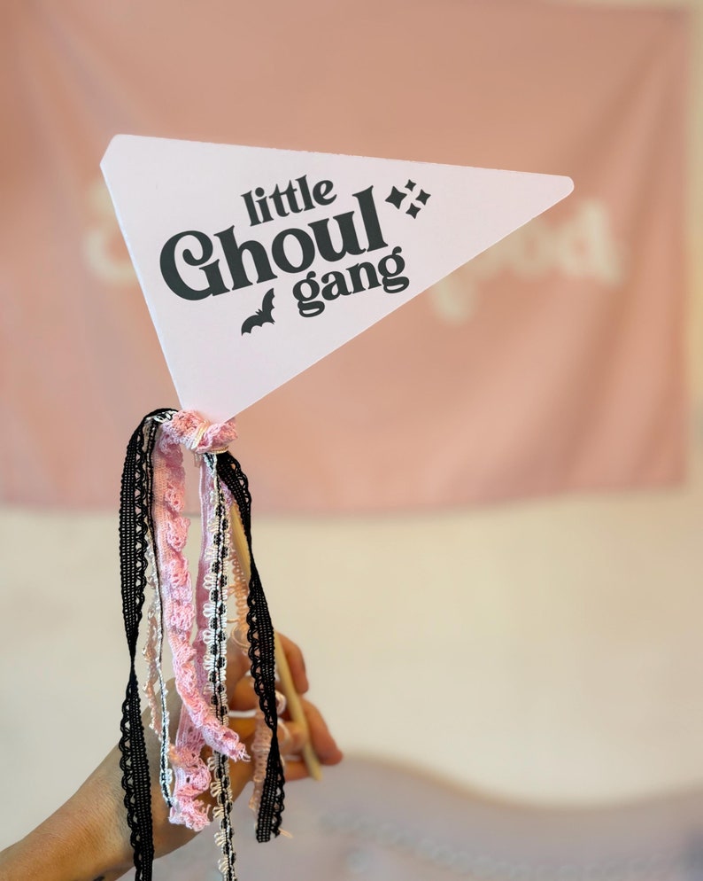 May include: A pink pennant with the words "little Ghoul gang" in black, with a bat graphic. The pennant is attached to a wooden dowel and adorned with pink, black, and white lace ribbons.