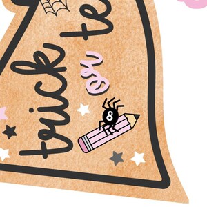May include: A brown, triangular-shaped Halloween-themed graphic with the words "Trick or Treat" in black script. A pink pencil with a spider and the number 8 is featured. Additional elements include stars and a spider web.