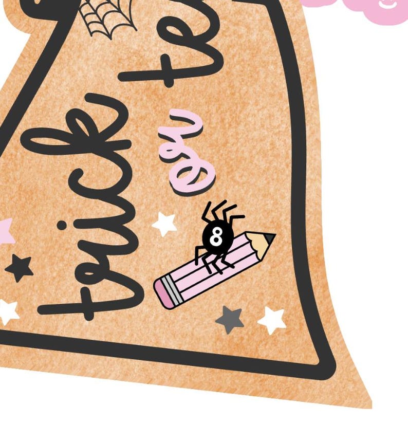 May include: A brown, triangular-shaped Halloween-themed graphic with the words "Trick or Treat" in black script. A pink pencil with a spider and the number 8 is featured. Additional elements include stars and a spider web.