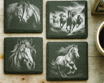 Personalized Horse Slate Coaster Set: Custom Engraved Equestrian Gift