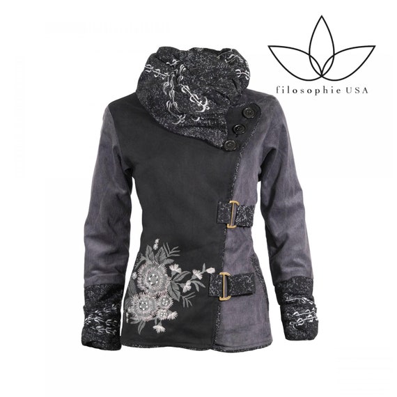 Gray/Black Jacket / Floral Black Jacket/Bohemian Flower Jacket/ Women Black Jacket / Boho Cotton Peacoat Eve Hippie | Black Jacket for Women