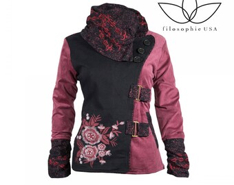 Women's Warm Jackets Embroidered, Coat with Pockets, XXL Floral High Neck Jackets & Coats, Handmade Winter Gift, Clothing with Embroidery XL