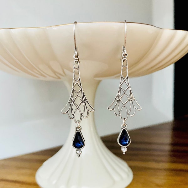 Minimalist Silver and Navy Art Nouveau earrings, bridal earrings, wedding earrings, chandelier earrings, Art deco earrings