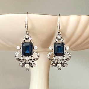 Stunning Silver and Navy Art Deco earrings, pave earwires, bridal earrings, wedding earrings, Navy chandelier earrings