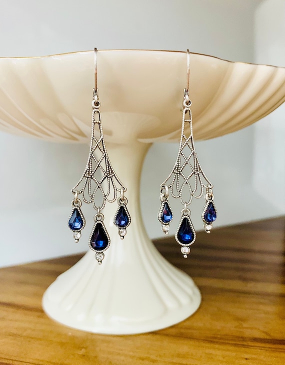 Minimalist Chandelier Silver and Navy Art Nouveau earrings, bridal earrings, wedding earrings, chandelier earrings, Art deco earrings