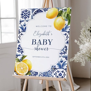 Mediterrane Zitrone Babyparty Willkommensschild Vorlage, druckbare italienische blaue Fliesen Babyparty Willkommensposter, bearbeitbare Zitrus Babyparty