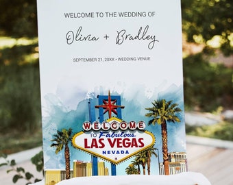 Plantilla de letrero de bienvenida para boda en Las Vegas, 18 x 24, 24 x 36, letrero de bienvenida para boda con acuarela del horizonte de Las Vegas, letrero de boda en el casino de Las Vegas