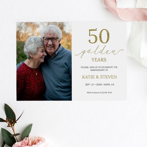 Photo Anniversary Invitation with Gold Glitter, 20th, 30th, 40th, 50th, 60th Wedding Anniversary Invitation Template, Try Before You Buy