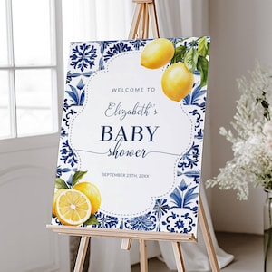 Mediterranean Lemon Baby Shower Welcome Sign Template, Printable Italian Tiles Design, Citrus Theme