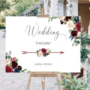 Burgundy & Blush Pink Floral Wedding Direction Arrow Sign Template, Wedding This Way Sign, 20x16, 24x18, 36x24 Printable This Way Sign