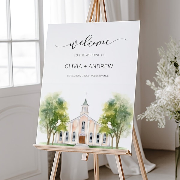 Watercolor Church Venue Wedding Welcome Sign Template, Welcome Sign Printable Template, 18x24, 24x36 Watercolor Venue Welcome Sign Template