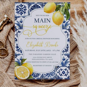 Main Squeeze Bridal Shower Invitation Template, Printable Mediterranean Lemon Bridal Shower Invite, Italian Blue Tiles Bridal Shower Invite