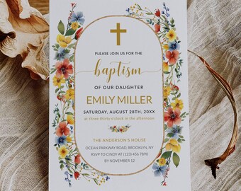 Wildflower Baptism Invitation Template, Editable Colorful Floral Christening Invite, Printable Download