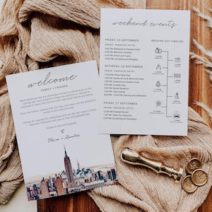 Plantilla de carta de bienvenida para boda en la ciudad de Nueva York con íconos, orden de eventos, tarjeta de evento de fin de semana en Nueva York, tarjeta de cronograma de itinerario, orden del día