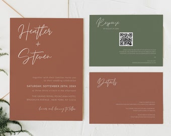 Elegant Terracotta Wedding Invitation Suite Template, Burnt Orange Fall Wedding Invitation, QR Code RSVP Card, Thank You, Details Card