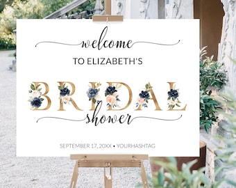 Rustic Navy Blue & Blush Pink Floral Bridal Shower Welcome Sign Template, Calligraphy Script Bridal Shower Printable Sign