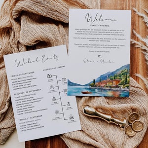 Plantilla de carta de bienvenida para boda en el LAGO DE COMO, tarjeta con cronograma de itinerario de boda en acuarela en el destino del lago de Como con íconos, boda en Italia