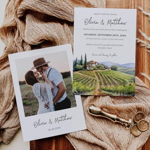 Modelo de convite de casamento na TOSCANA, RSVP com código QR, convite de fazenda de pedra da Toscana em aquarela, casamento italiano, convite para vinhedo