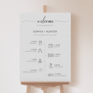 アイコン付きのユニークな結婚式タイムライン サイン テンプレート、イベント順序サイン、結婚式旅程サイン、印刷可能な結婚式イベント タイムライン サイン