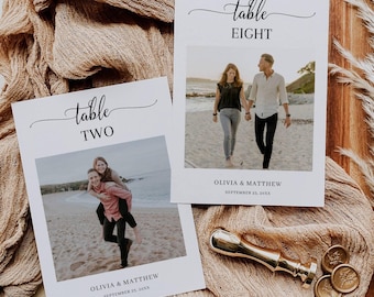 Wedding Table Numbers with Photos, Printable Photo Wedding Table Number Cards, Minimalist Modern Reception Table Number Template 5x7, 4x6