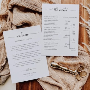 Modern Wedding Welcome Letter Template, Printable Wedding Weekend Events Itinerary Timeline Card with Icons, Editable Wedding Day Timeline