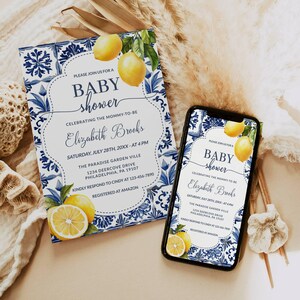 Mediterrane Zitrone-Babyparty-Duscheeinladungsvorlage, italienische blaue Kacheln, Babypartyeinladung, Zitrus-Babypartyeinladung