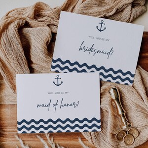 Kaartsjabloon nautisch bruidsmeisje voorstel, afdrukbare kaartsjabloon Will You Be My Bridesmaid, Anchor & Waves bruidsmeisje voorstelkaart